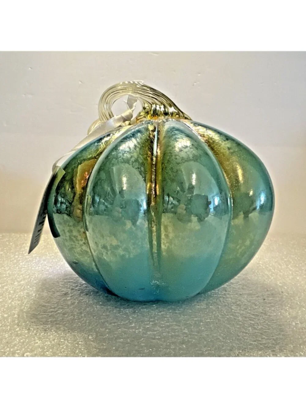 Mikasa Blown Glass Pumpkin Aqua Blue Gold Curly Stem 6.5